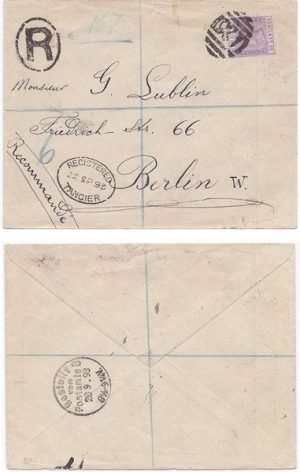 Morocco Agencies 1893 Tangier Env REG > Berlin Bearing 50c Gibraltar Adhsive SG 28 Tied w/ "A26" Killer Cancel & Accompanying Oval Tangier Date-stamp; VERY SCARCE & VERY FINE