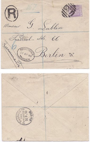Morocco Agencies 1893 Tangier Env REG > Berlin Bearing 50c Gibraltar Adhsive SG 28 Tied w/ "A26" Killer Cancel & Accompanying Oval Tangier Date-stamp; VERY SCARCE & VERY FINE