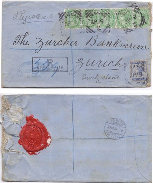 Aden 1894 Aden Camp India Used at Aden Env REG Five Times Rate > Zurich Switzerland Bearing 2