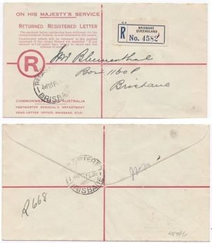 Australia 1936 Brisbane OHMS RETURNED REGISTERED LETTER Unstamped Sent Local; VERY FINE & RARE