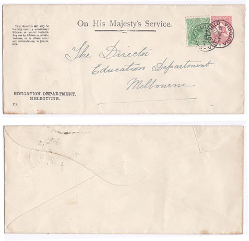 Australia 1919 Caufield Victoria 1d OHMS PSE "Roo" w/ "Printed "OS" in Dots > Melbourne Education Department Uprated