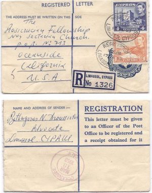 Cyprus 1953 Limassol 4pi REG PSE H&G C14 Size F > US Uprated 4pi, 1pi; SCARCE & VERY FINE