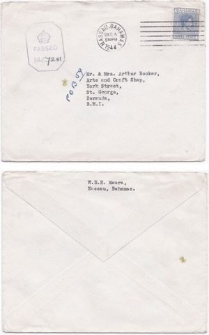 Bahamas 1944 Nassau Env Censored > St George, Bermuda Bearing 3d; Octagon Censor Hand-stamp Miller Type CH4 Rarity 8 of 10; VERY FINE & VERY SCARCE