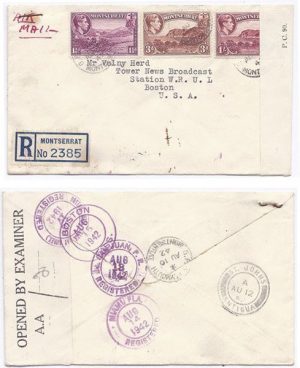 Montserrat 1942 G.P.O. Plymouth Env REG Censored Airmail > US Bearing 1/- 4
