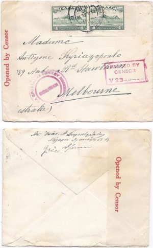 Greece 1941 [Athens] Env Twice Censored Surface > Melbourne, Australia Bearing 4d Pair Adhesives Sc417; SCARCE & FINE