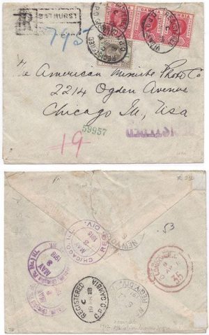 Gambia 1918 Bathurst Env REG > US Bearing 1d Strip 3 & 1