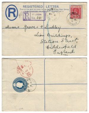 St Lucia 1921 Dennery (Village) REG PSE H&G C3A > England Bearing Add'l 1d KGV Keyplate Tied w/ VF CDS; VERY SCARCE & VERY FINE