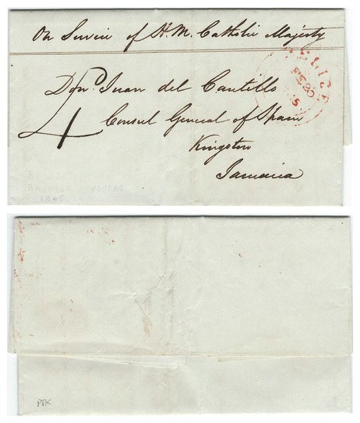 British Honduras 1845 Belize Folded Entire Endorsed "On Service" > Spanish Consul at Jamaica w/ Rde Dbl Circle Date-stamp; SCARCE & VERY FINE