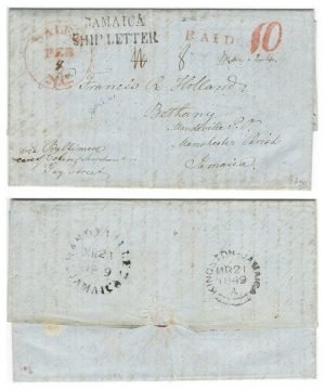 Jamaica 1849 Incoming Folded Entire > Bethany at Mandeville P.O. via Baltimore & Kingston; Charged 10