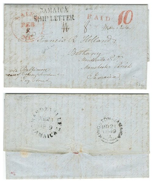 Jamaica 1849 Incoming Folded Entire > Bethany at Mandeville P.O. via Baltimore & Kingston; Charged 10