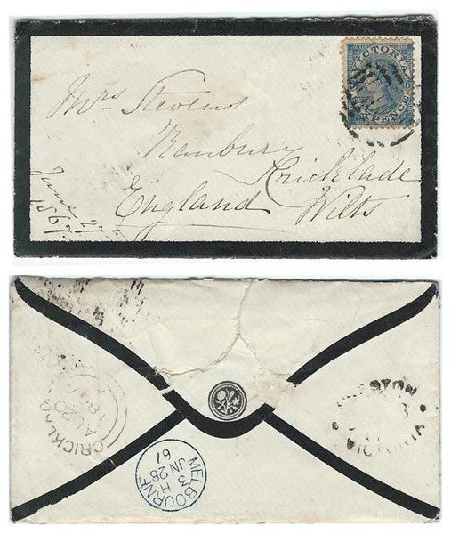 Australia Victoria 1867 Melbourne Mourning Env > England via Suez Bearing 6d Adhesive w/ Encl Ltr Discussing the South Australian Northern Territory Exploration Expedition; Extrordinary Content; RARE & VERY FINE