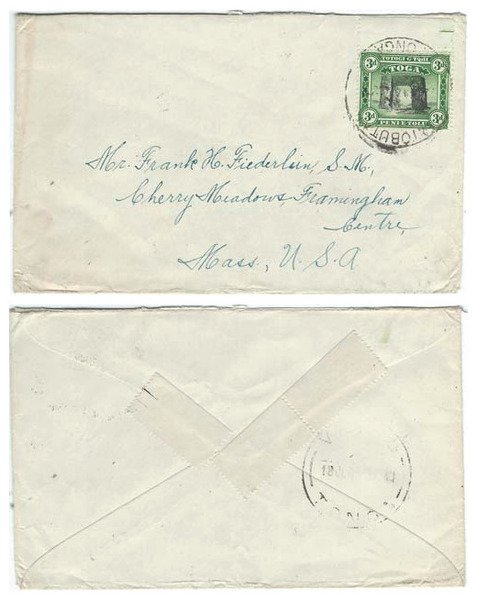Tonga 1943 Niuatobutabu Env > US via Vavau Bearing 3d Adhesive SG 78 Tied w/ Large CDS; Rare Cancellation