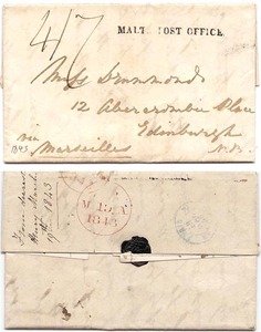Malta 1843 Malta Folded Entire > Scotland Rated 4/7d mss w/ Straight-Line "MALTA POST OFFICE" handstamp SCARCE