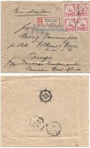 German East Africa 1908 Deutsch Seepost Ostafrika Linie REG per R.P.D Markgraf > Tanga Bearing 7